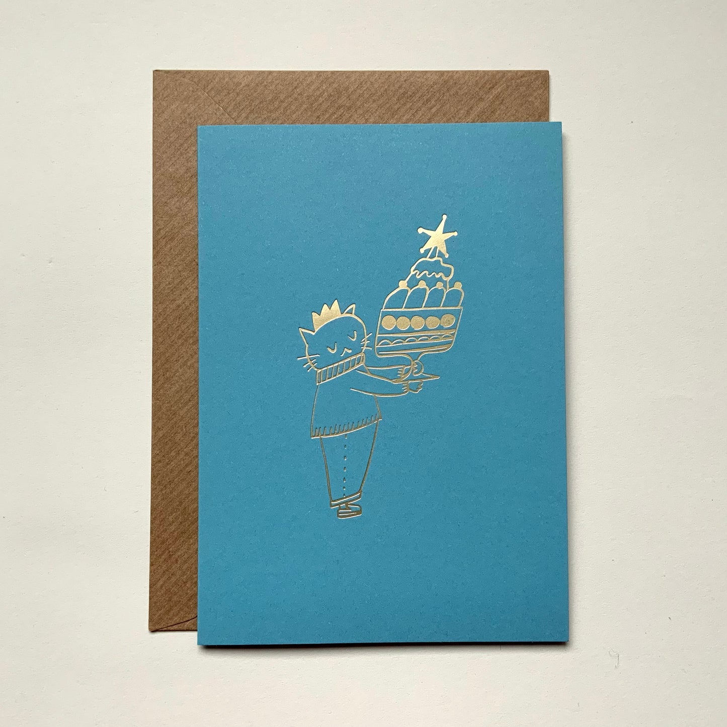 Trifle cat - hand foil block printed greeting card on recycled paper