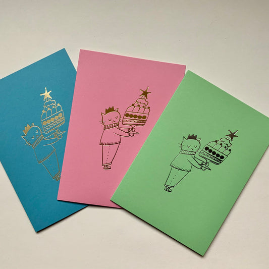 Trifle cat - hand foil block printed greeting card on recycled paper