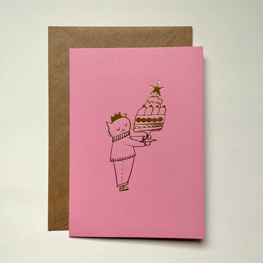 Trifle cat - hand foil block printed greeting card on recycled paper