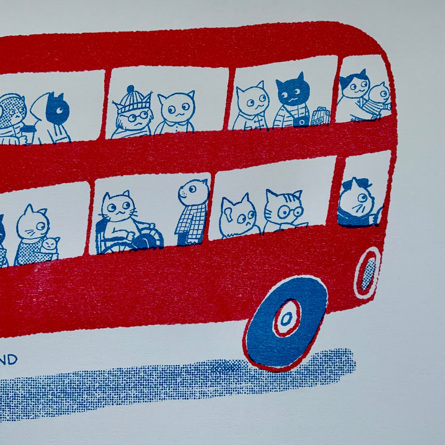CitySlickats - cats on London bus illustrated Riso print