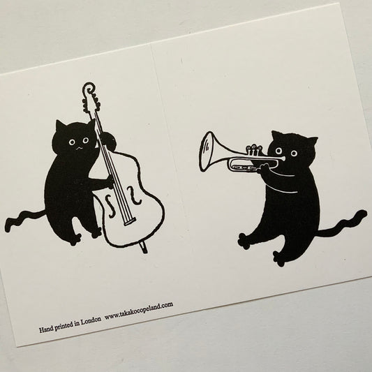 Jazz Cats Trumpet and double base jazz band- letterpress greeting card