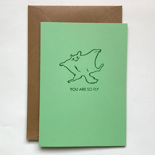 You are so fly - hand foil block printed greeting card on recycled paper with flying squirrel