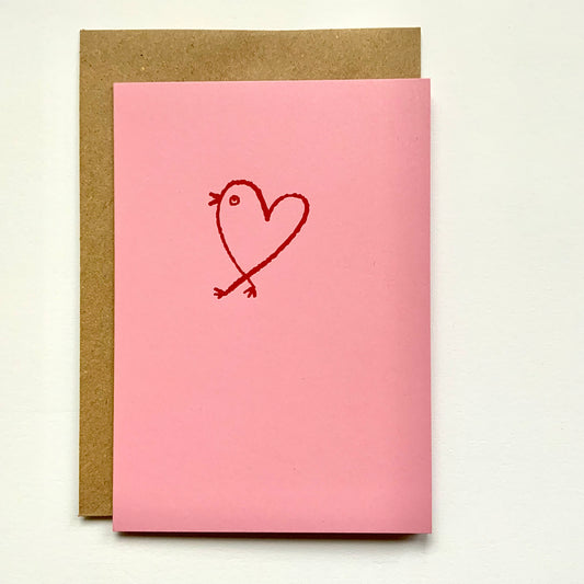 Heart Bird - hand foil block printed greeting card on recycled paper