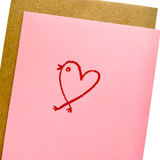 Heart Bird - hand foil block printed greeting card on recycled paper