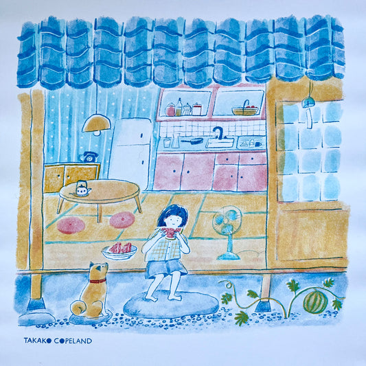 Watermelon - nostalgic Japanese house in summer with a girl and shiba inu Riso print