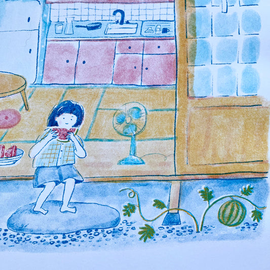Watermelon - nostalgic Japanese house in summer with a girl and shiba inu Riso print
