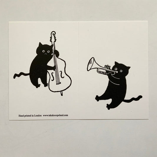 Jazz Cats Trumpet and double base jazz band- letterpress greeting card