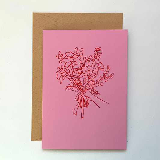 Bouquet hand foil block printed greeting card on recycled paper