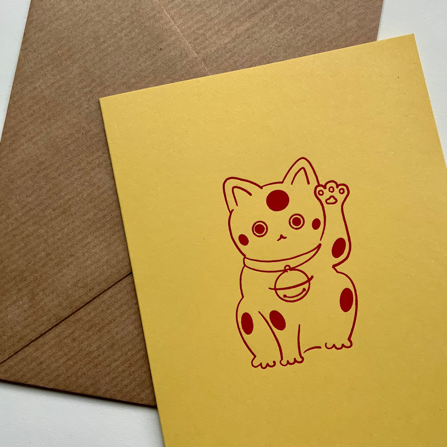Manekineko - Japanese lucky cat hand foil block printed greeting card on recycled paper