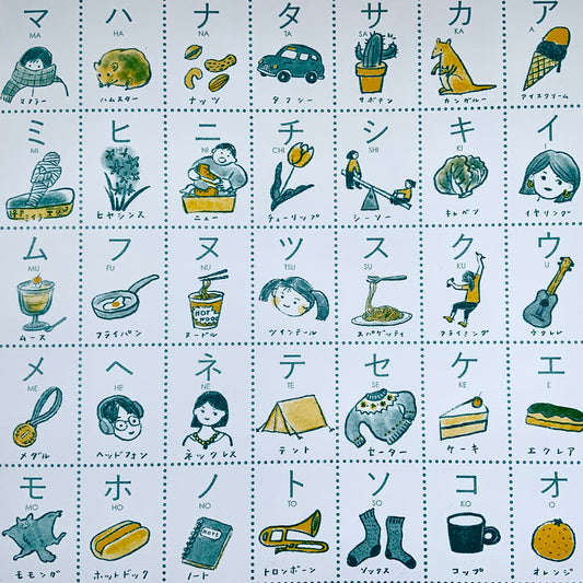 Katakana - illustrated Japanese alphabet chart Riso print