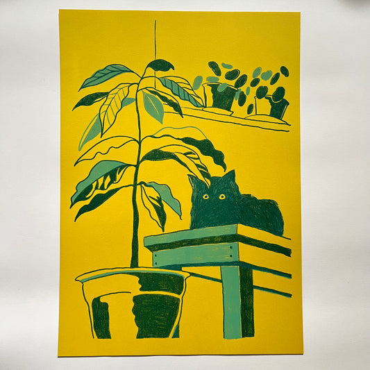 Avocado plant and black cat Riso print