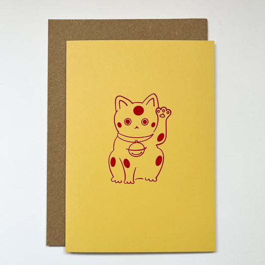 Manekineko - Japanese lucky cat hand foil block printed greeting card on recycled paper