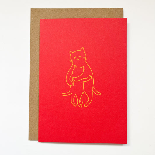 Hug - hand foil block printed greeting card on recycled paper