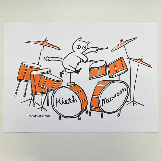 Kieth Meowoon - illustrated cat drummer Riso print