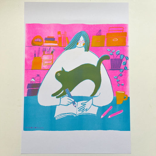 Home - fluorescent pink Riso print with a cat