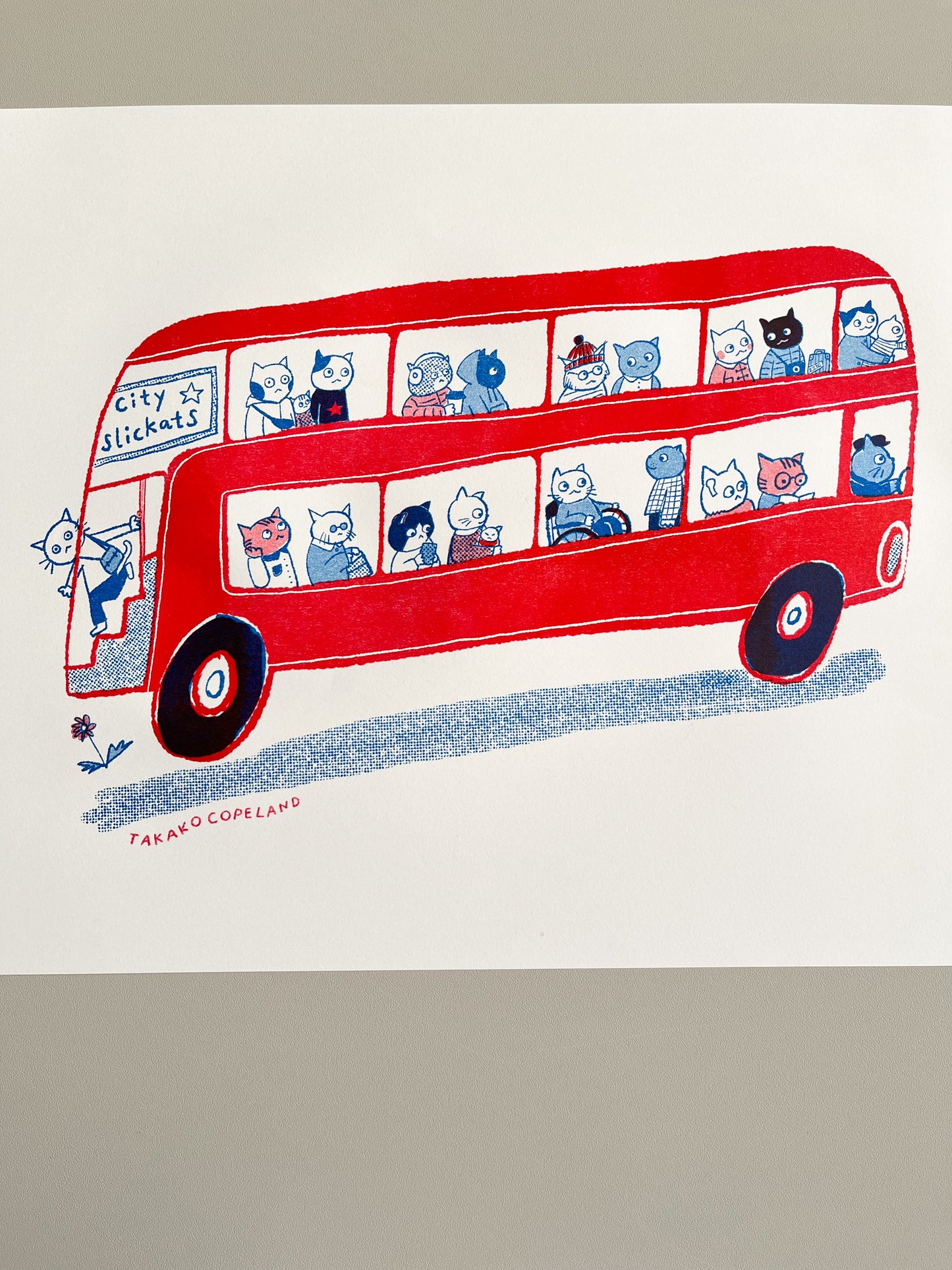 CitySlickats - cats on London bus illustrated Riso print