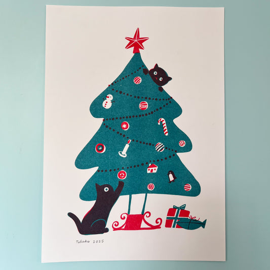Two black cats and a Christmas tree Risograph print