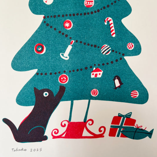 Two black cats and a Christmas tree Risograph print