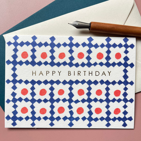 Happy Birthday Lattice Pattern Card in Blue and Orange