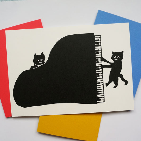 Jazz Cats - piano hand printed linocut letterpress greeting card