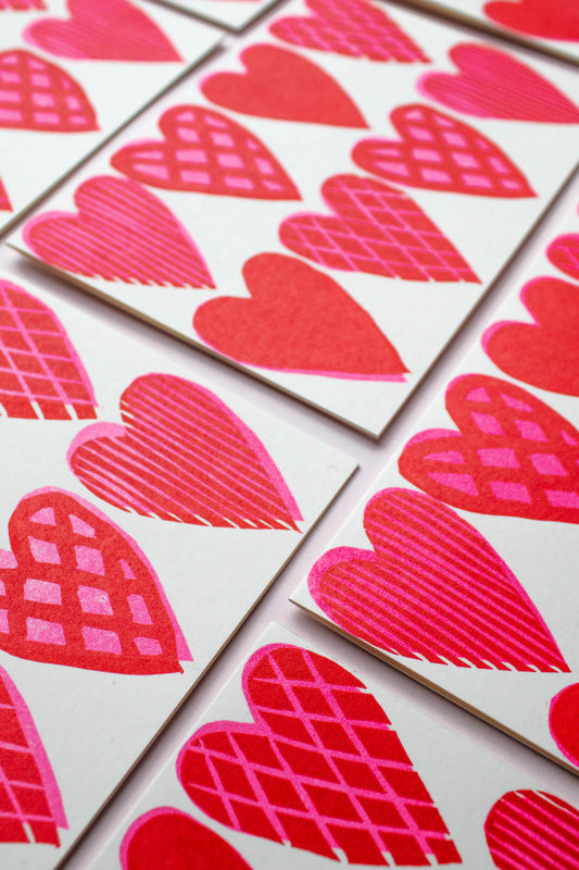 Heart pattern - hand printed lino cut letterpress greeting card