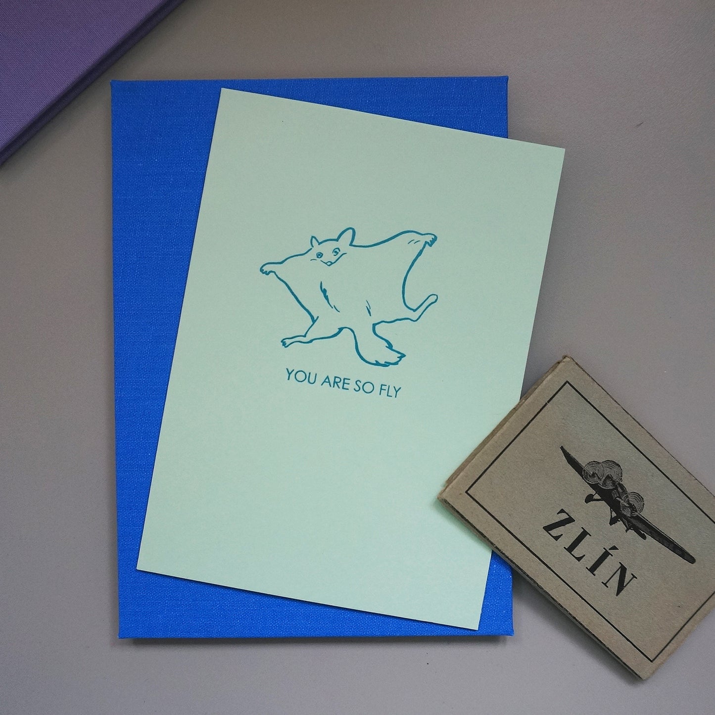 You are so fly - hand foil block printed greeting card on recycled paper with flying squirrel