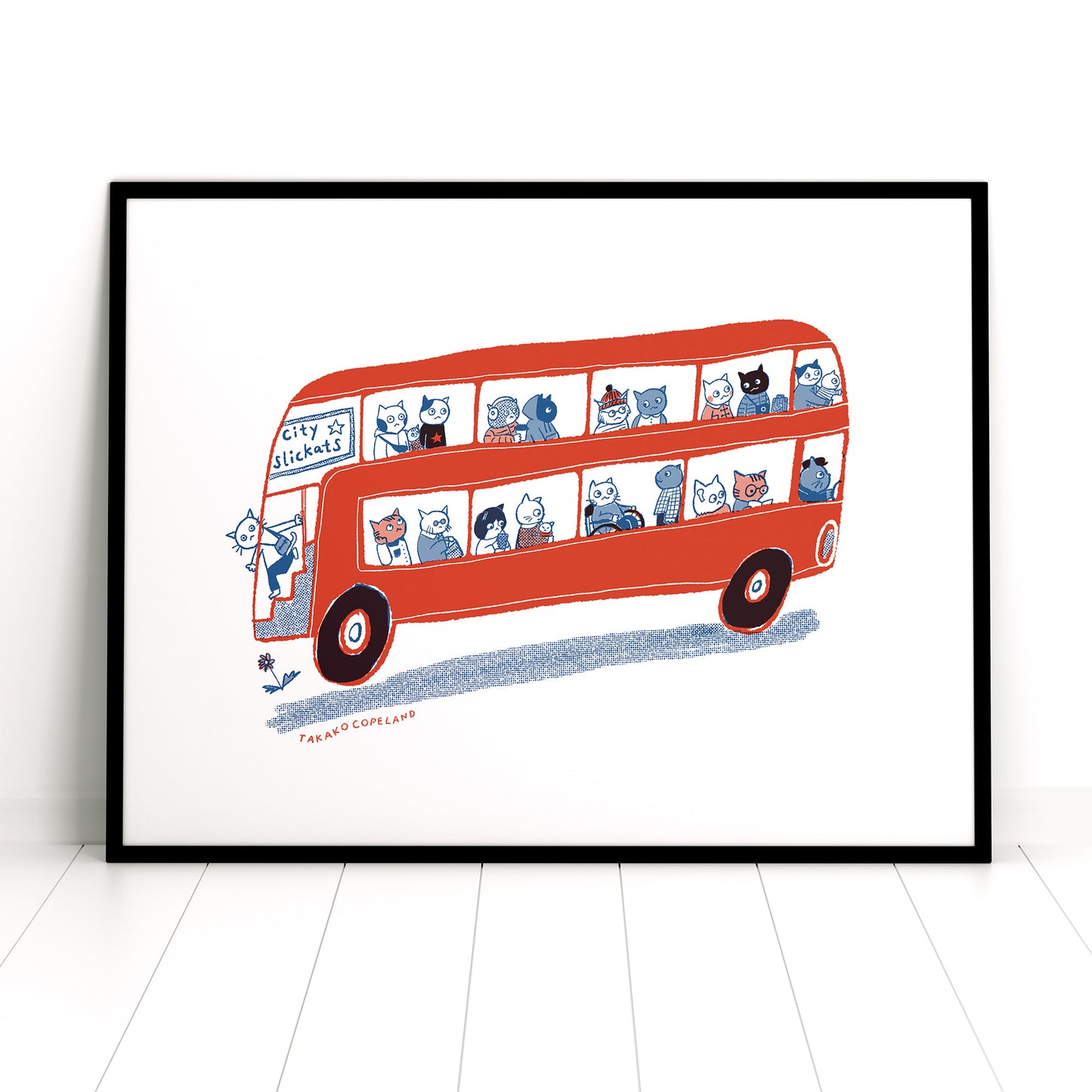 CitySlickats - cats on London bus illustrated Riso print