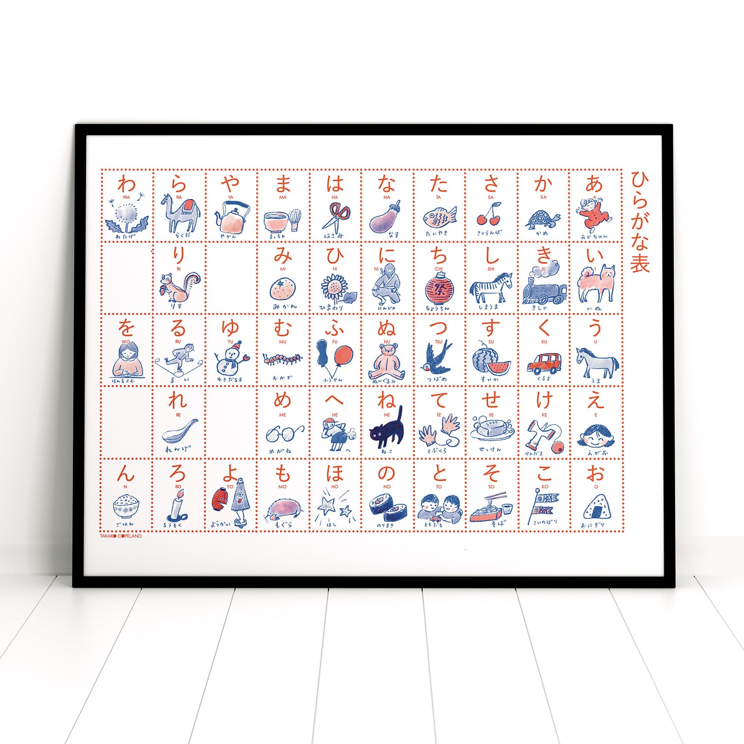 Hiragana - illustrated Japanese alphabet chart Riso print