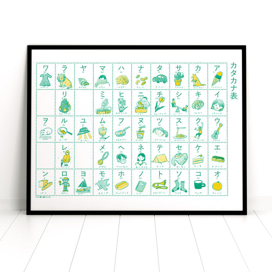 Katakana - illustrated Japanese alphabet chart Riso print