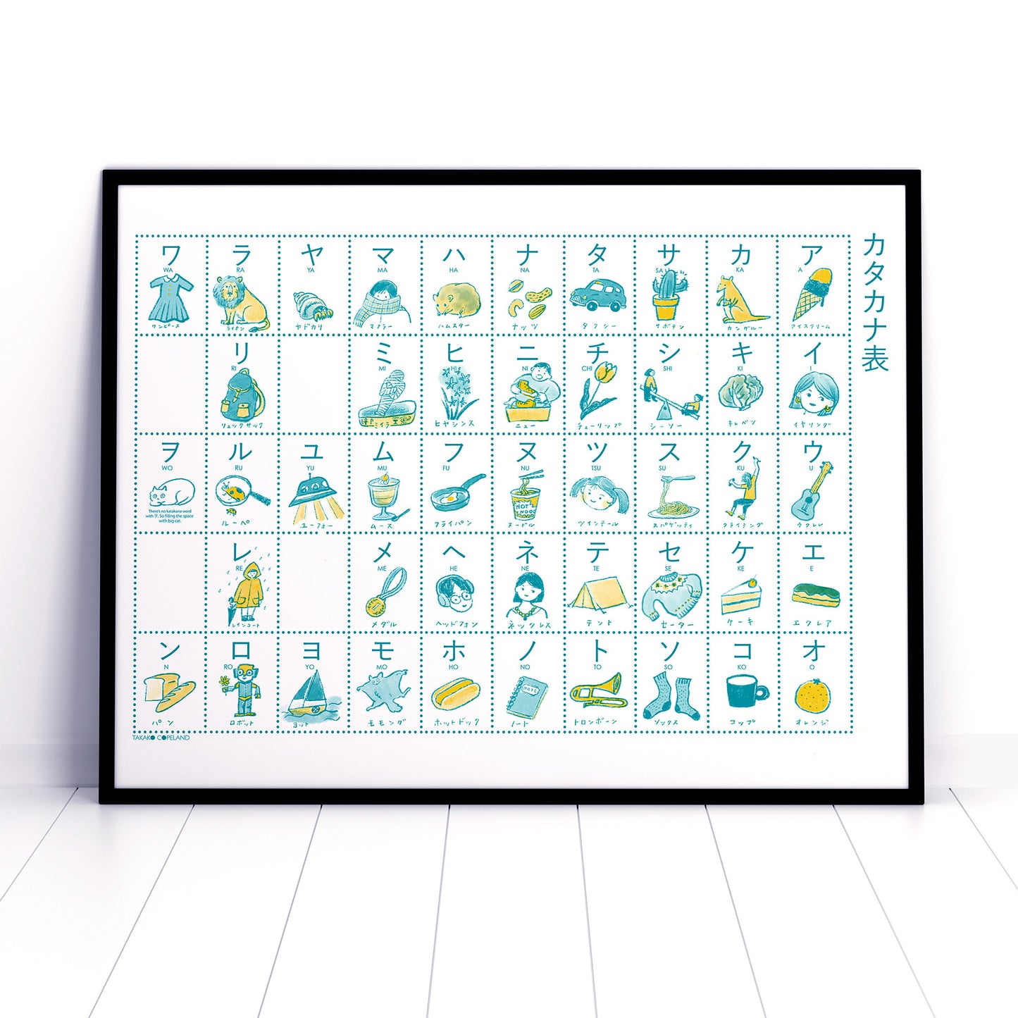 Katakana - illustrated Japanese alphabet chart Riso print