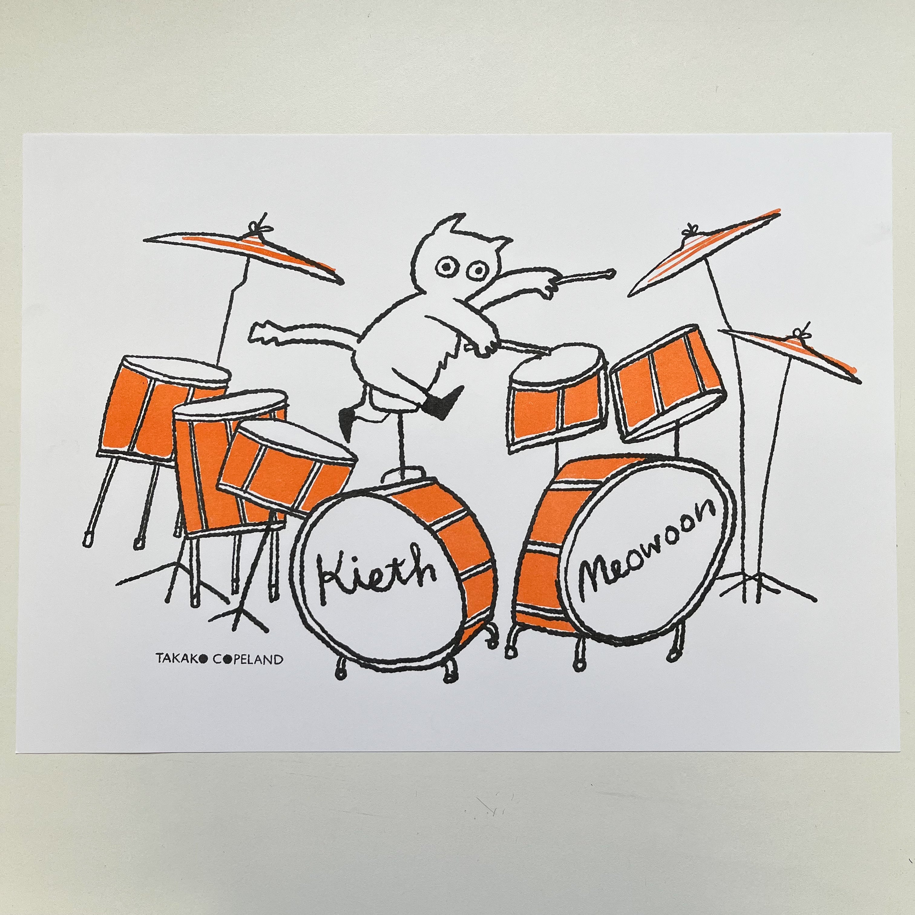 Kieth Meowoon - illustrated cat drummer Riso print – Takako Copeland
