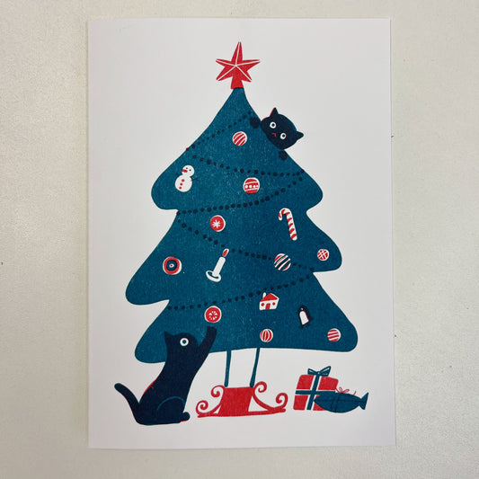 Two black cats and Christmas tree Risograph Christmas card