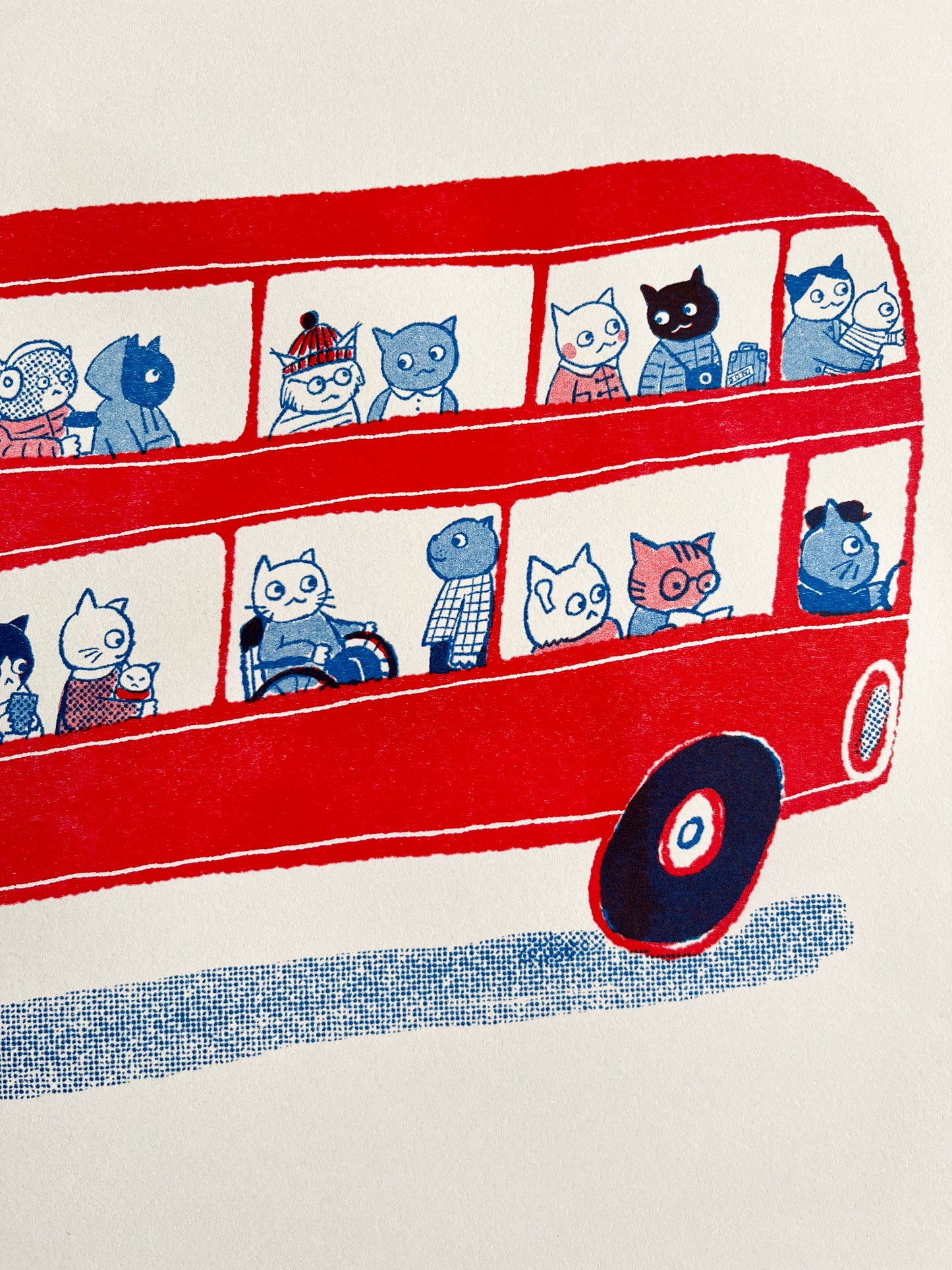CitySlickats - cats on London bus illustrated Riso print