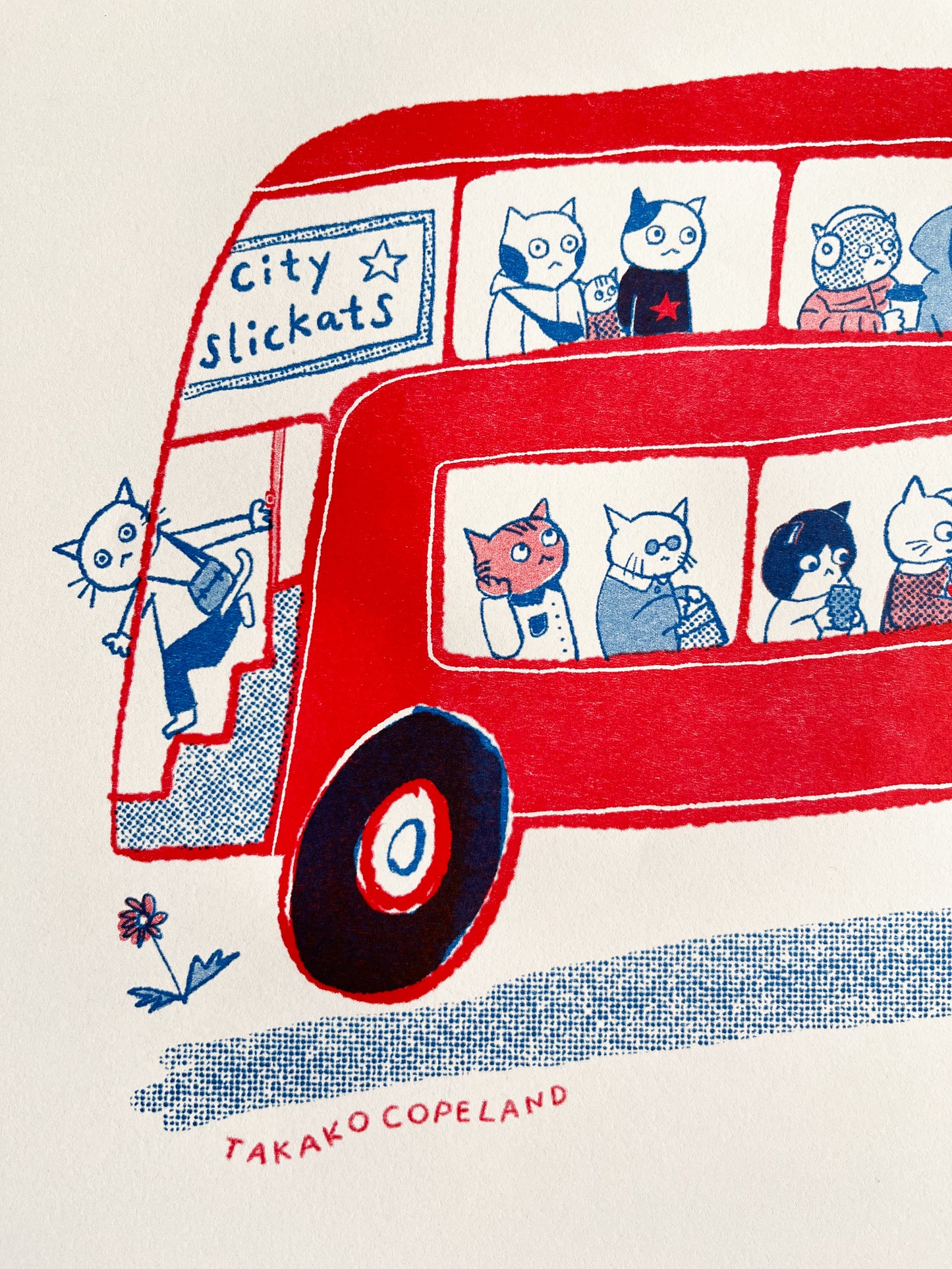 CitySlickats - cats on London bus illustrated Riso print