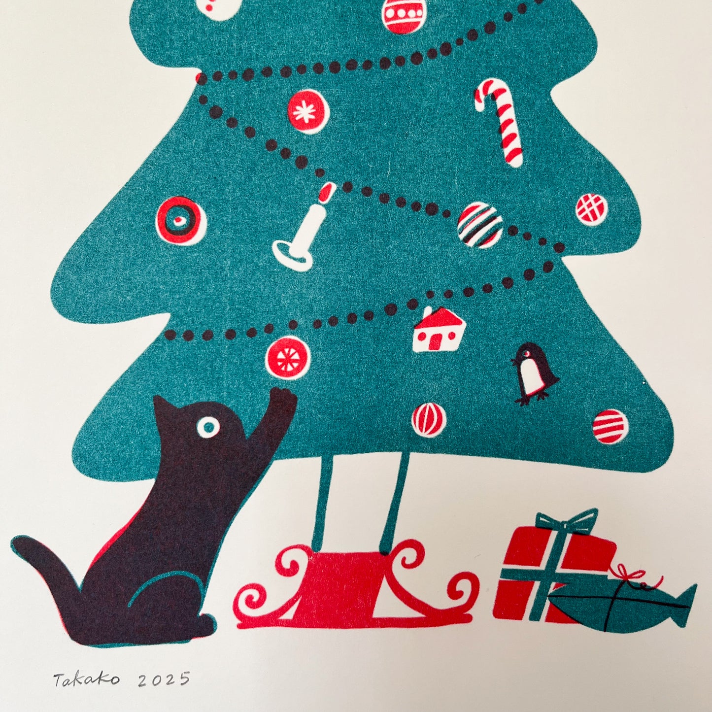Two black cats and a Christmas tree Risograph print