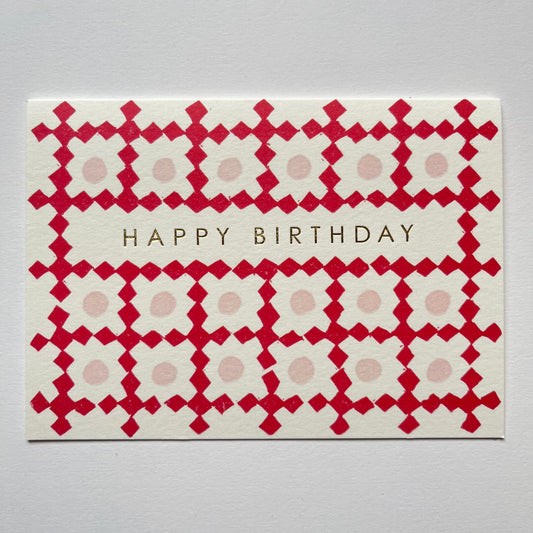 Happy Birthday Lattice Pattern Card in Red and PInk