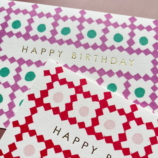 Happy Birthday Lattice Pattern Card in Red and PInk