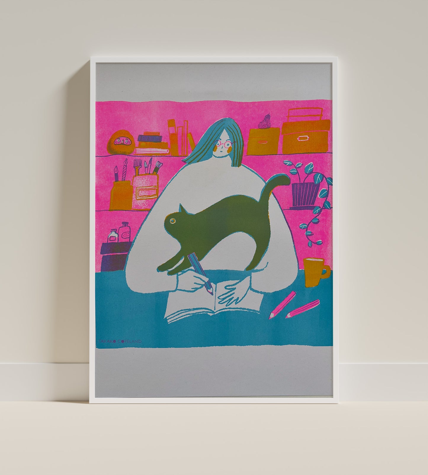 Home - fluorescent pink Riso print with a cat