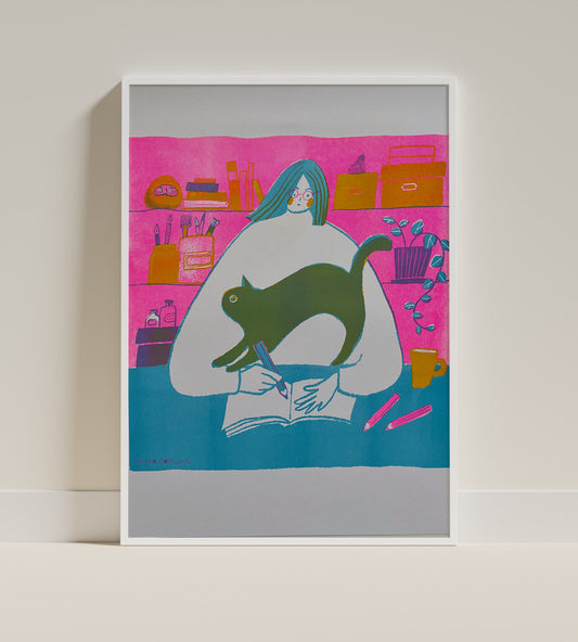 Home - fluorescent pink Riso print with a cat