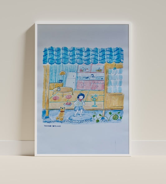Watermelon - nostalgic Japanese house in summer with a girl and shiba inu Riso print