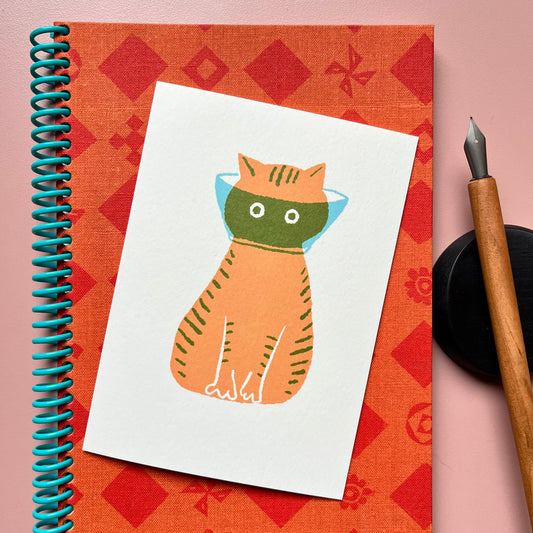 Orange Cat Wearing Cone Card